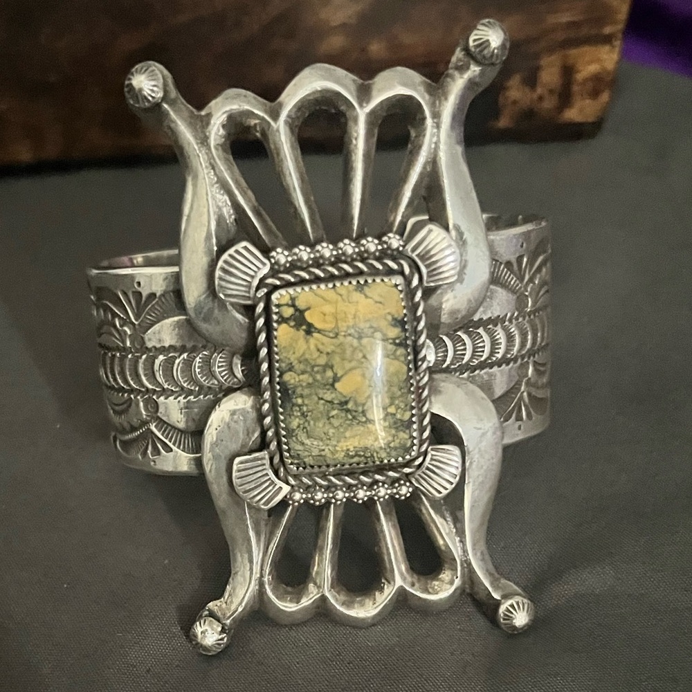 Silver with Gold and black stone Bracelet